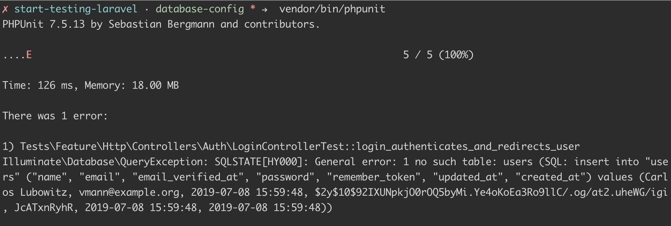 Laravel test database errors